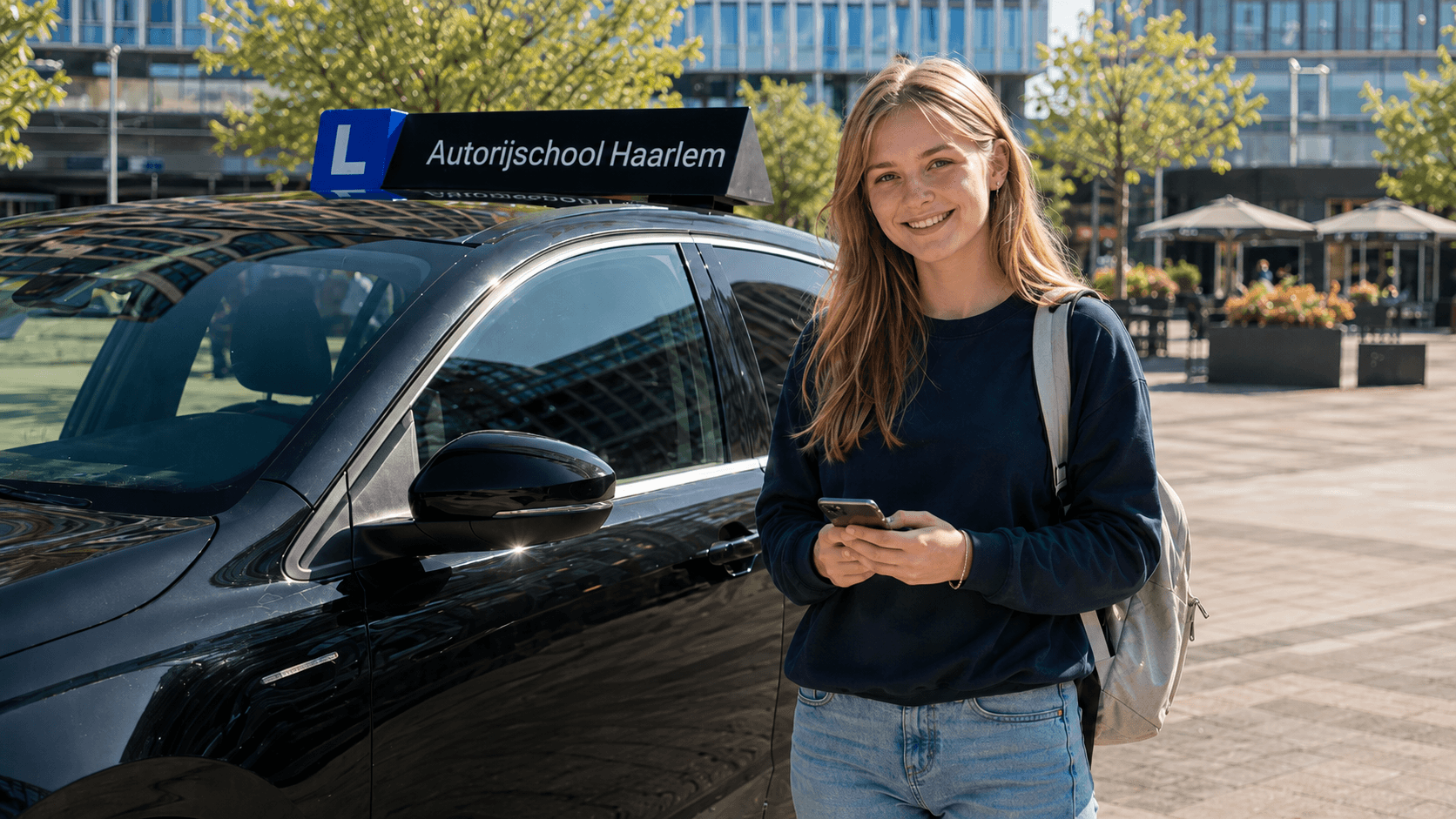 Leerling bekijkt het leerlingenportaal op de telefoon naast de lesauto
